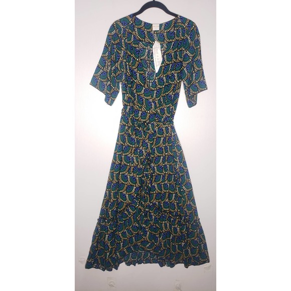 Silk & Salt Journey Maxi Wrap Dress African Peacock Print Green Blue NEW Medium - Picture 4 of 12